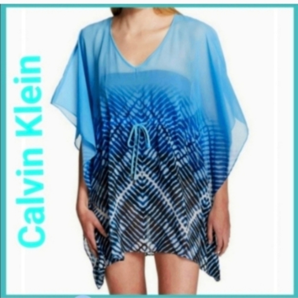 NWT Calvin Klein beach caftan coverup turquoise blue chevron print Swimsuit Cove - Picture 2 of 4